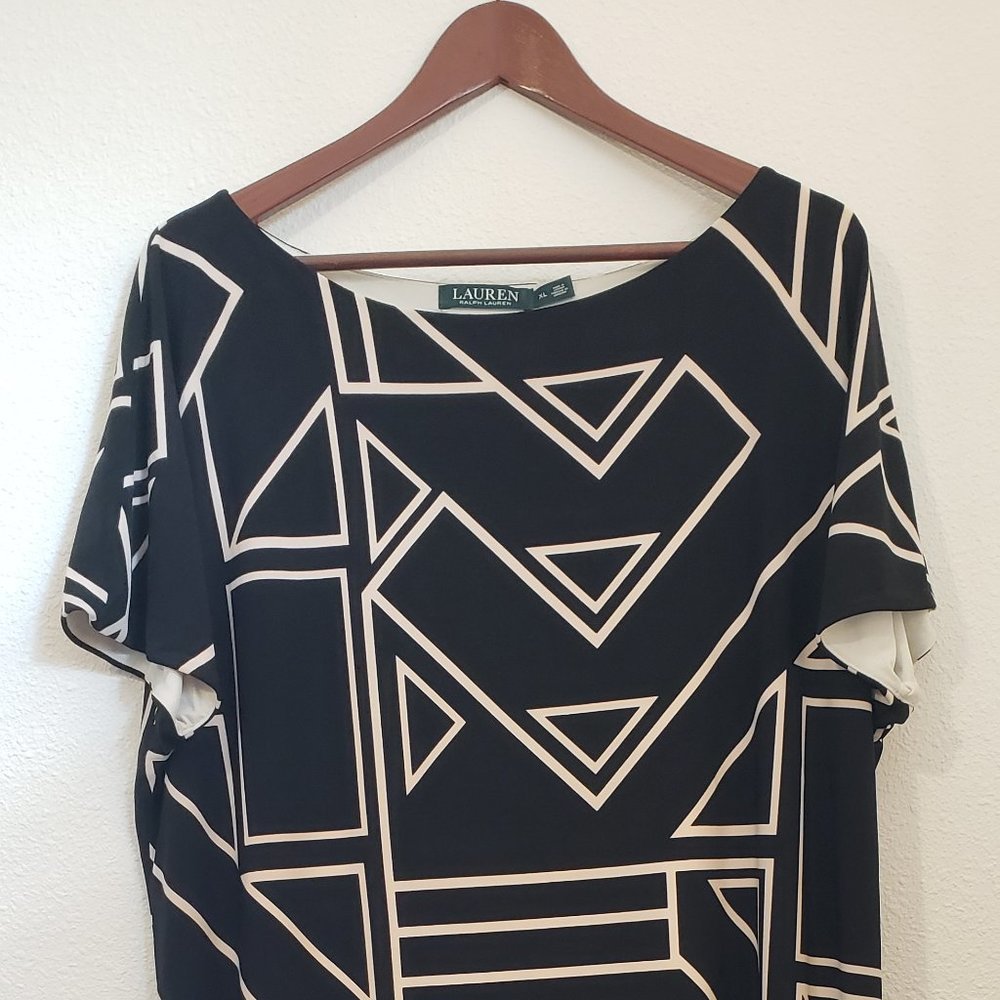 Ralph Lauren Women's Shift Style Geometric Print Dress in Black and White Sz XL